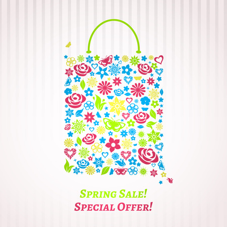 Shopping bag for Spring Sale consisting of multicolored flowers, leaves and butterfliesのイラスト素材