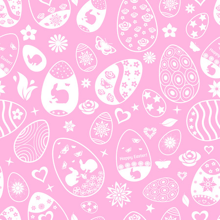 Seamless pattern of Easter eggs with ornaments, white on pinkのイラスト素材