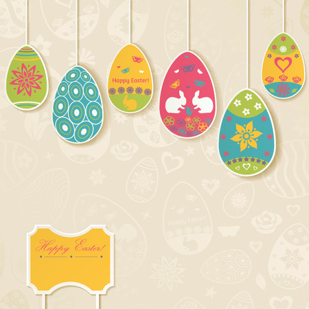 Easter background with hanging on the ropes patterned eggsのイラスト素材