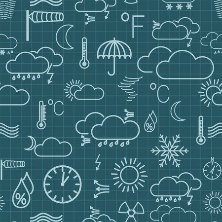 Seamless pattern of light blue weather symbols on dark blue checkered backgroundのイラスト素材
