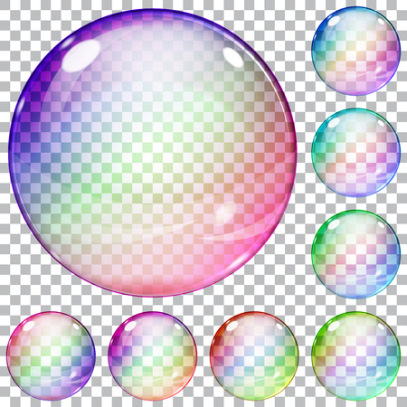 Set of multicolored transparent glass spheres on a plaid backgroundのイラスト素材