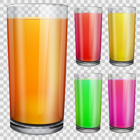 Set of transparent glasses with opaque colored juice. On checkered background.のイラスト素材