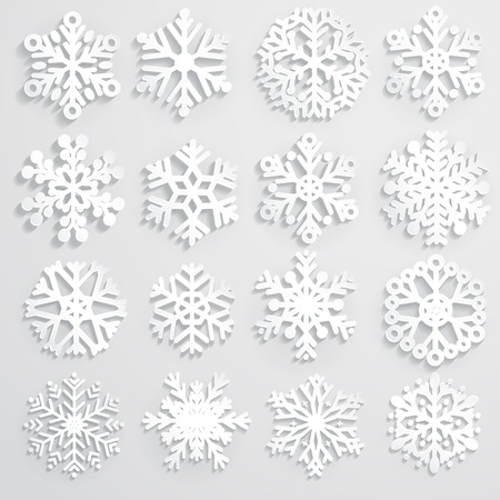 Set of white snowflakes various forms made from paper, with shadowsのイラスト素材