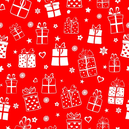 Seamless pattern of gift boxes, flowers and hearts, white on redのイラスト素材
