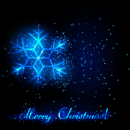 Christmas background with snow and big glowing snowflake. In dark blue colorsのイラスト素材