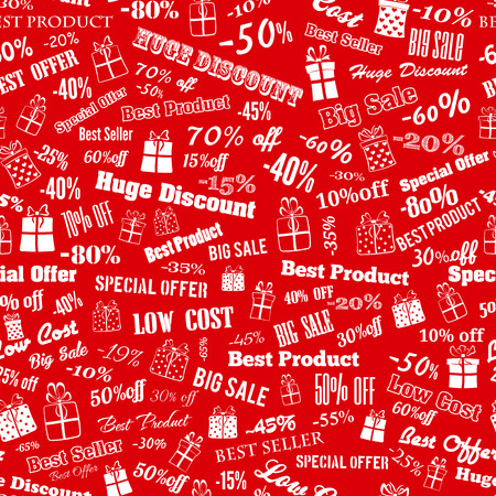 Seamless pattern on discounts and special offers, made of inscriptions and gift boxes, white on redのイラスト素材
