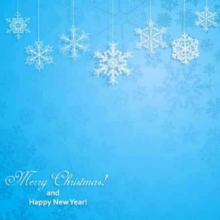 Christmas background with hanging snowflakes in blue colorsのイラスト素材