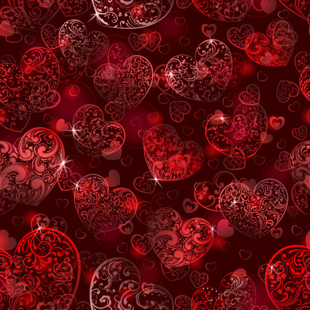 Seamless pattern of big and small hearts with curls, in dark red colorsのイラスト素材