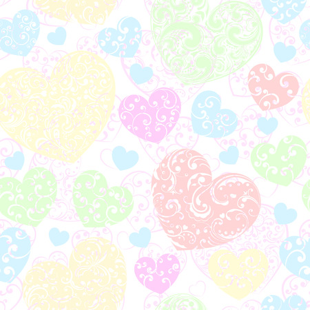 Seamless pattern of big and small hearts with curls, multicolored on whiteのイラスト素材