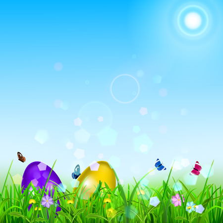 Easter background with sky, sun, grass, easter eggs, flowers and butterfliesのイラスト素材