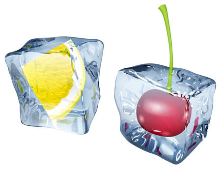 Two ice cubes with frozen cherry and slice of lemonのイラスト素材