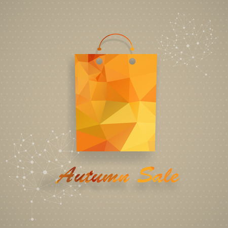 Shopping bag in low-poly triangular style for autumn sale and maple leaves made of dots and linesのイラスト素材