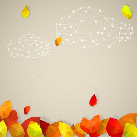 Autumn background with dots, leaves in low-poly triangular style and clouds made of dots and linesのイラスト素材