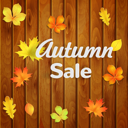 Autumn background with yellow, green, orange leaves on vertical planks and text Autumn saleのイラスト素材
