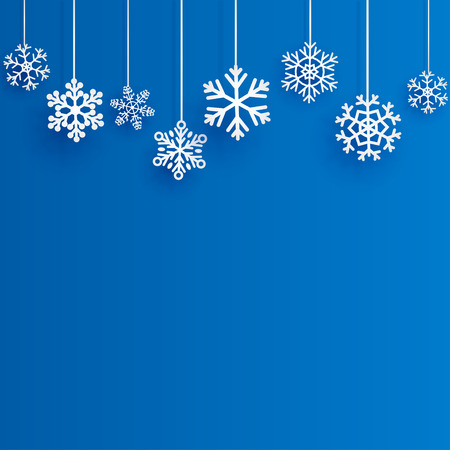 Christmas background with several hanging snowflakes on blue backgroundのイラスト素材