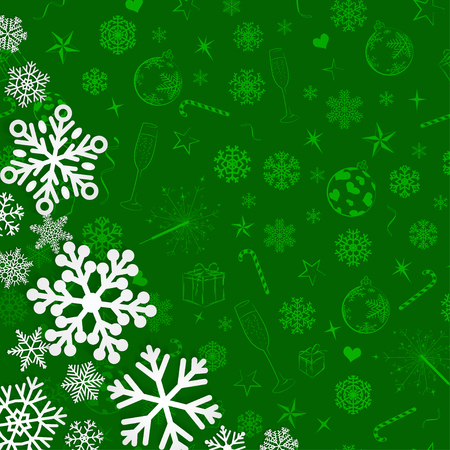 Christmas background with snowflakes cut out of paper on green background of Christmas symbolsのイラスト素材