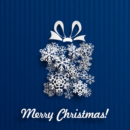 Christmas card with gift box made of white snowflakes on blue striped backgroundのイラスト素材