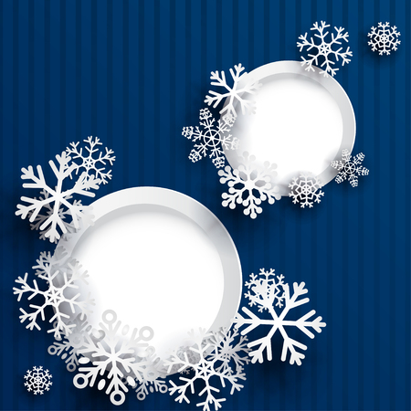 Christmas background with two round frames and snowflakes on blue striped backgroundのイラスト素材