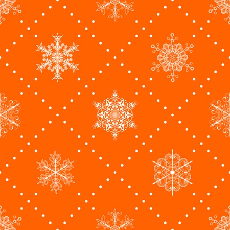 Christmas seamless pattern of snowflakes and dots, white on orangeのイラスト素材