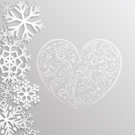 Christmas background with hearts and snowflakes in gray colorsのイラスト素材