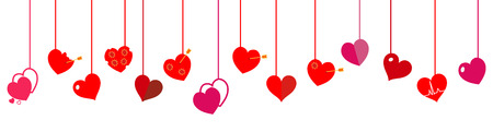 Hanging red hearts on white background. Flat design