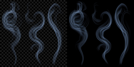 Set of translucent light blue smoke on transparent and black background. Transparency only in vector formatのイラスト素材