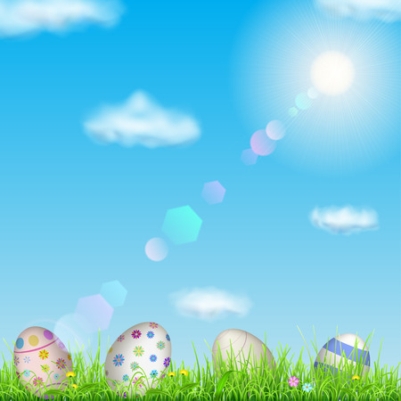 Easter background with sky, sun, grass, easter eggs and flowersのイラスト素材