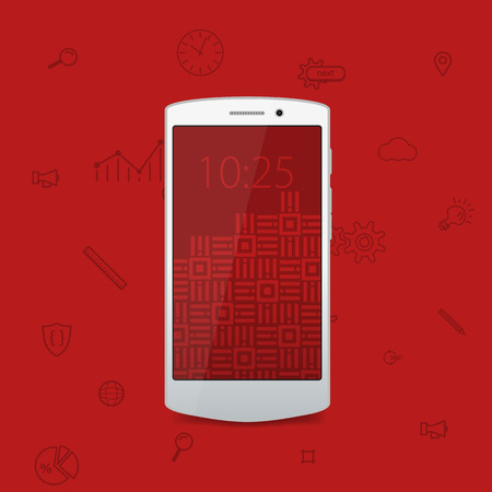 White flat cool modern smartphone. White phone. Flat modern phone and business icons. Red backgroundのイラスト素材