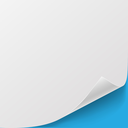 White sheet of paper with curved corner and with shadow on light blue backgroundのイラスト素材