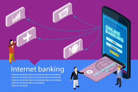 Flat 3d isometric mobile online payment concept web infographics. Internet banking vector banner. Modern mobile smartphone with credit card.のイラスト素材