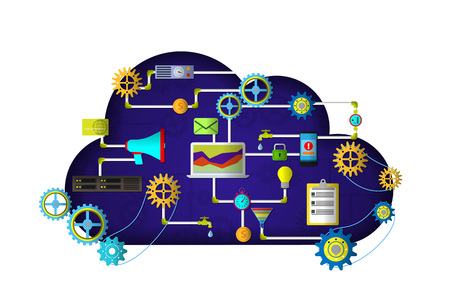 Web Cloud services. Management digital marketing srartup. Web and app development banner with icons. Management digital marketing startup planning analytics creative team designのイラスト素材