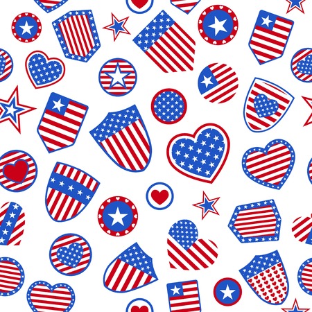 Seamless pattern of various USA symbols in red and blue colors on white backgroundのイラスト素材