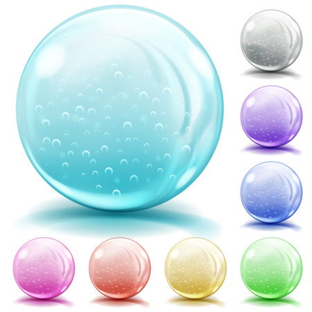 Set of opaque glass spheres of various colors with air bubbles, glares and shadows on white backgroundのイラスト素材