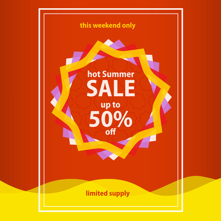 Summer sale banner template. Red summer Sale poster. Abstract sun and water wave. summer background, sun patterned, colored wave. Vector Graphics.のイラスト素材