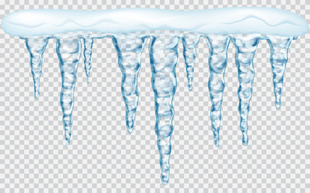 Hanging translucent icicles with snow in blue colors on transparent background. Transparency only in vector fileのイラスト素材