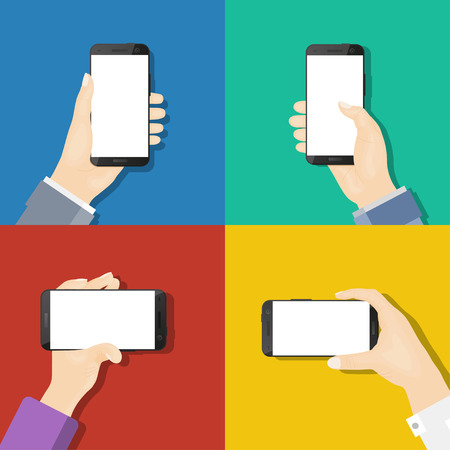 Smartphones in hands on colored background. Flat design. Infographic.のイラスト素材