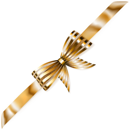 Beautiful striped golden shiny bow with diagonally ribbon with shadowのイラスト素材