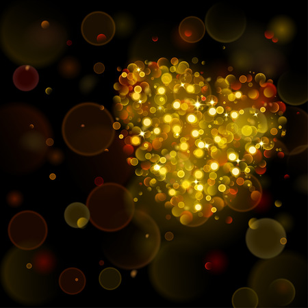 Abstract background with big gold heart with bokeh effect. Heart of blurred defocused lights in gold colors. Gold heart of bokeh lights with sparkles.のイラスト素材