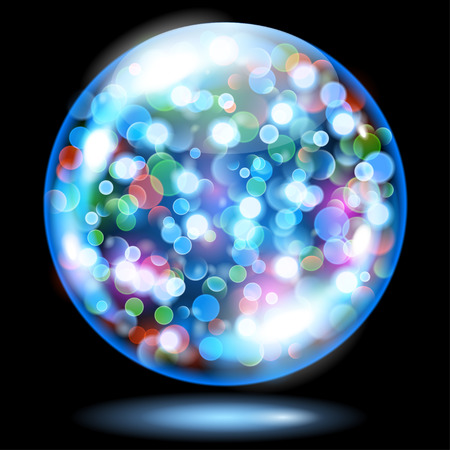 Light blue glass sphere filled with multicolored glowing sparkles with bokeh effect. Sphere with colored sparkles, glares and shadow. Used only on dark background.のイラスト素材