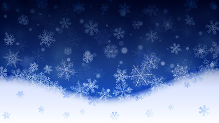 Christmas background with white snowflakes and snowdrifts on blue background. Falling snowflakes. Christmas vector illustration of beautiful big and small snowflakesのイラスト素材