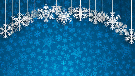 Christmas background with big white hanging snowflakes on blue background of small snowflakes. Christmas vector illustration of beautiful big and small snowflakes. Snowflakes, hanging down on the ropesのイラスト素材