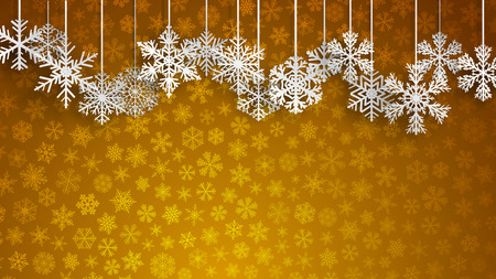 Christmas background with big white hanging snowflakes on yellow background of small snowflakes. Christmas vector illustration of beautiful big and small snowflakes. Snowflakes, hanging down on the ropesのイラスト素材