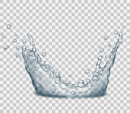 Transparent water splash in gray colors, isolated on transparent background. Scatter spray from falling into the water. Crown from splash of water. Transparency only in vector fileのイラスト素材