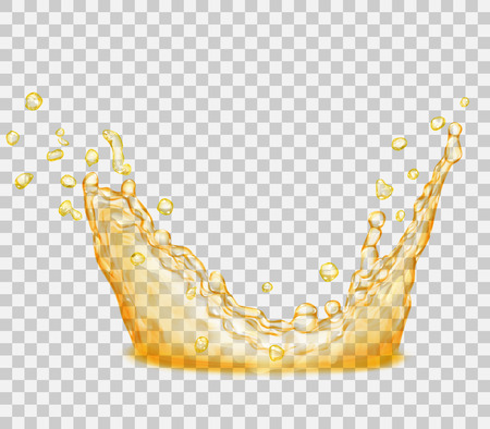 Transparent water splash in yellow colors, isolated on transparent background. Scatter spray from falling into the water. Crown from splash of water. Transparency only in vector fileのイラスト素材