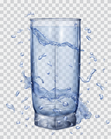 Water splashes in light blue colors around a transparent glass with light blue water. Transparency only in vector fileのイラスト素材