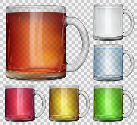 Set of transparent glass cups with multicolored translucent drinks on transparent background. Transparency only in vector fileのイラスト素材