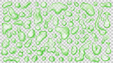 Set of green transparent drops with shadows, lying on some surface. Drops of different shapes isolated on transparent background. Transparency only in vector formatのイラスト素材