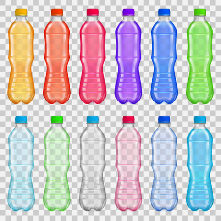 Set of transparent plastic bottles with multicolored liquids. Bottles with colored caps, filled with various colorful drinks. Transparency only in vector fileのイラスト素材