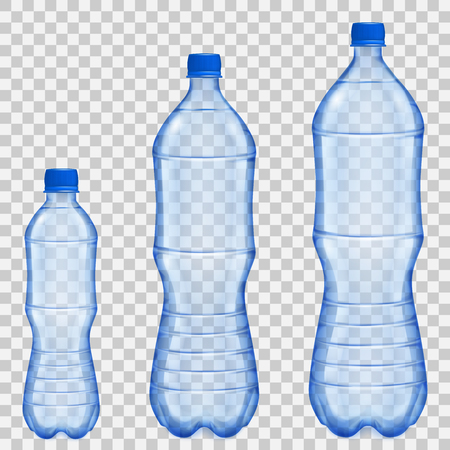 Set of three  transparent plastic bottles of various sizes and volumes with mineral water in blue colors. Transparency only in vector fileのイラスト素材