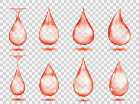 Set of transparent drops in red colors. Transparency only in vector formatのイラスト素材